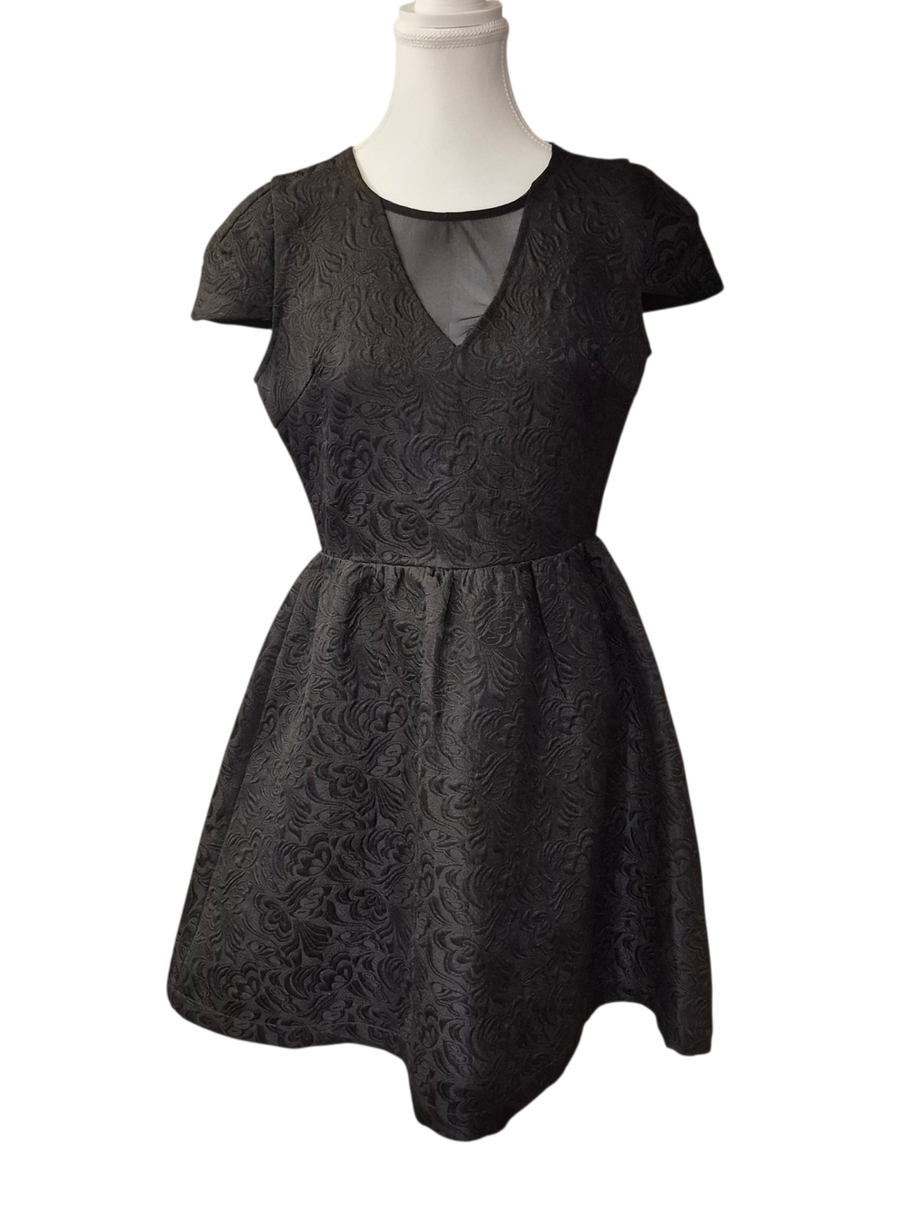 MM Couture Black Textured V-Neck Mini Dress with Sheer Inset